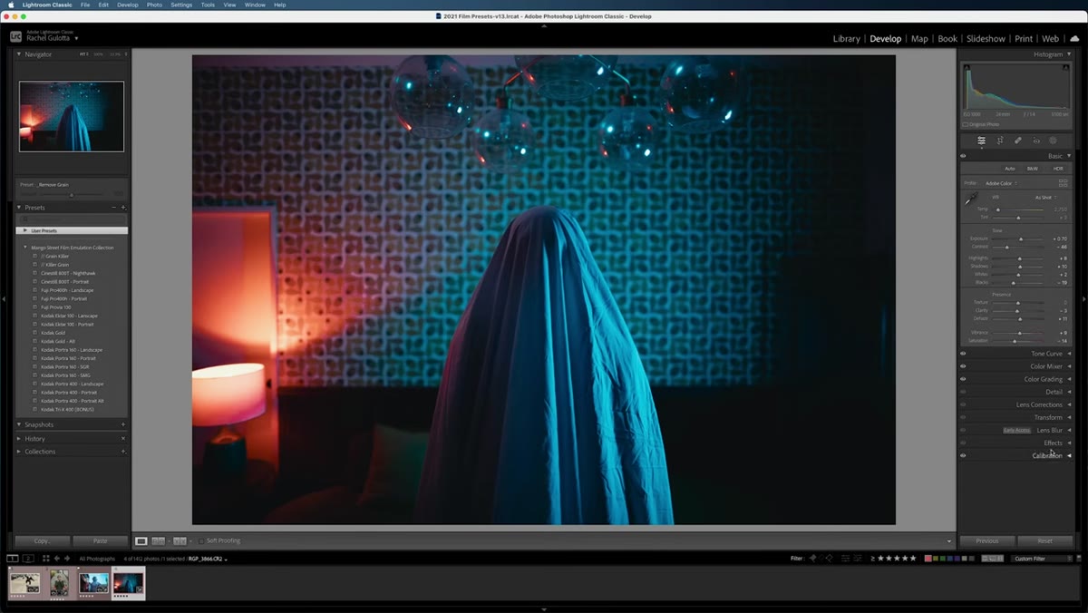 Lens Blur panel visible in Develop module sidebar