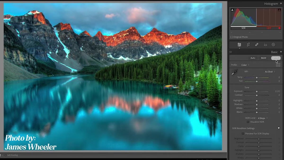 HDR button at top of Basic panel with expanded histogram showing HDR range