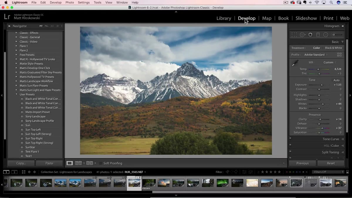 Develop module open with Presets panel visible on the left