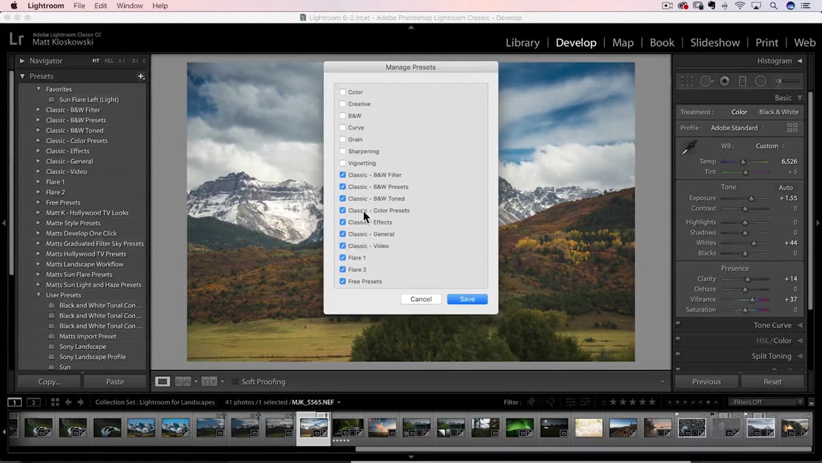 Manage Presets dialog box with folder toggles visible