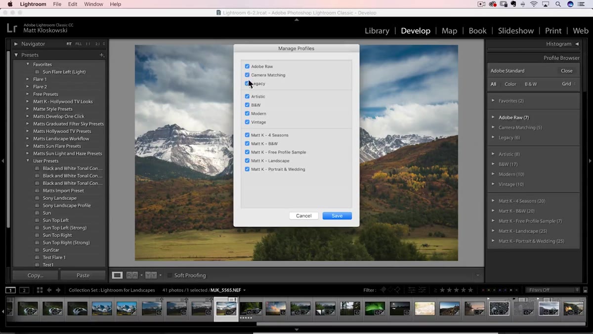 Manage Profiles dialog with multiple profile folders listed and toggles visible