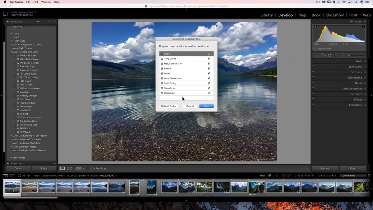 Drag-and-drop panel order in the Customize Develop Panel dialog