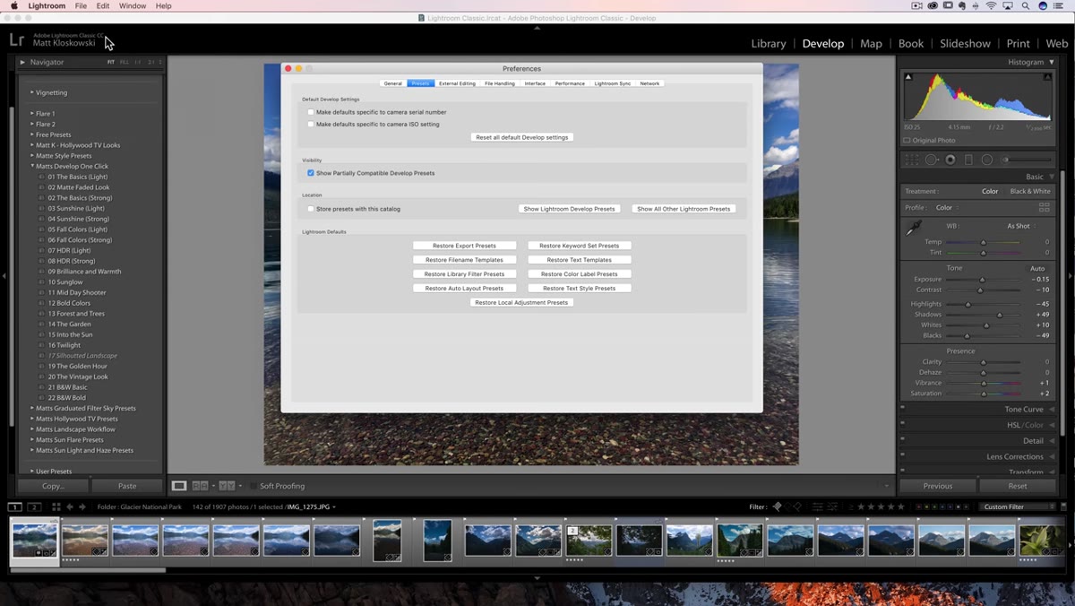 Lightroom Preferences with the partial preset compatibility checkbox visible