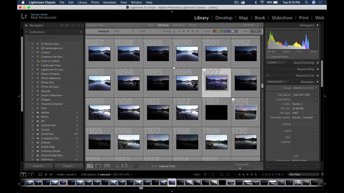 Multiple HDR bracket sets selected in the filmstrip before initiating merge