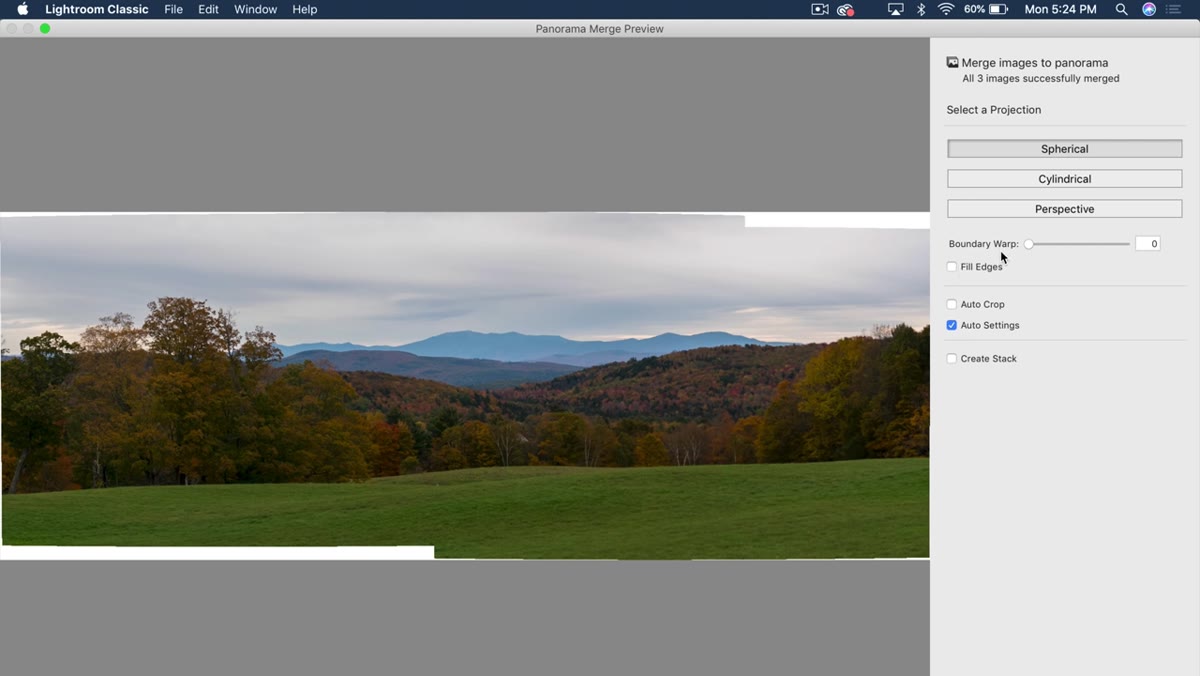 Fill Edges checkbox being checked in the panorama dialog