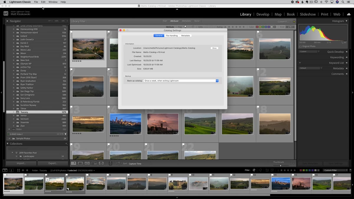 Lightroom Classic catalog settings panel showing catalog name and location