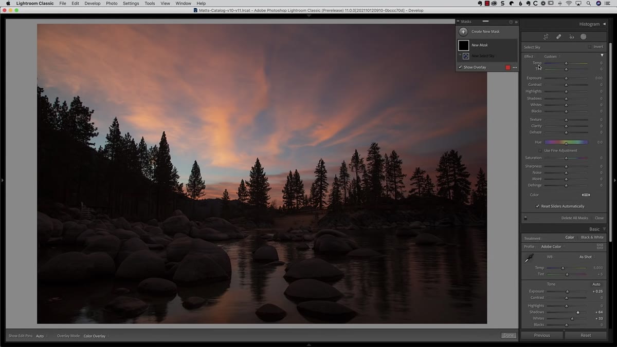 Select Sky tool creating an automatic sky selection on a landscape photo