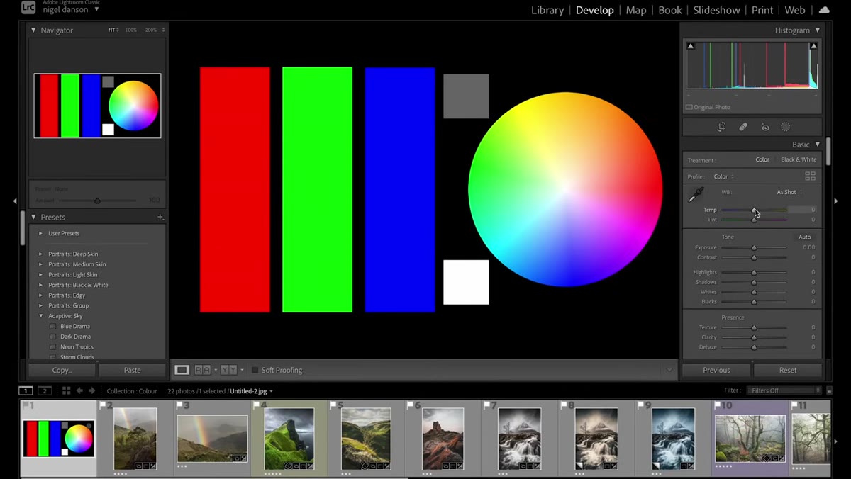 White balance slider cooling the test image, all colors shifting together