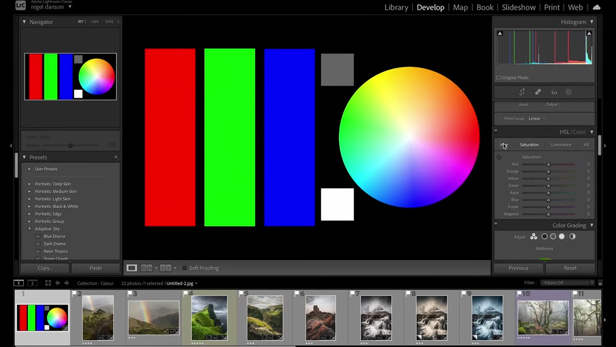 HSL panel open, Hue slider for red being adjusted on test image