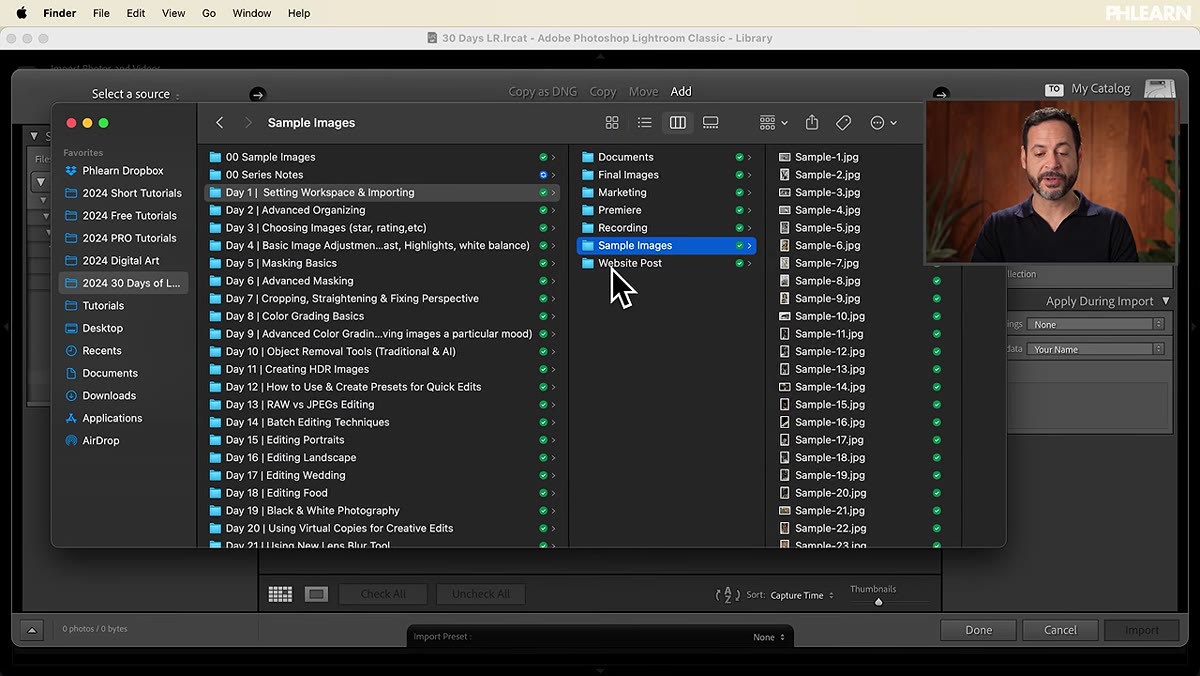 Dragging sample image folder from Finder directly into Lightroom
