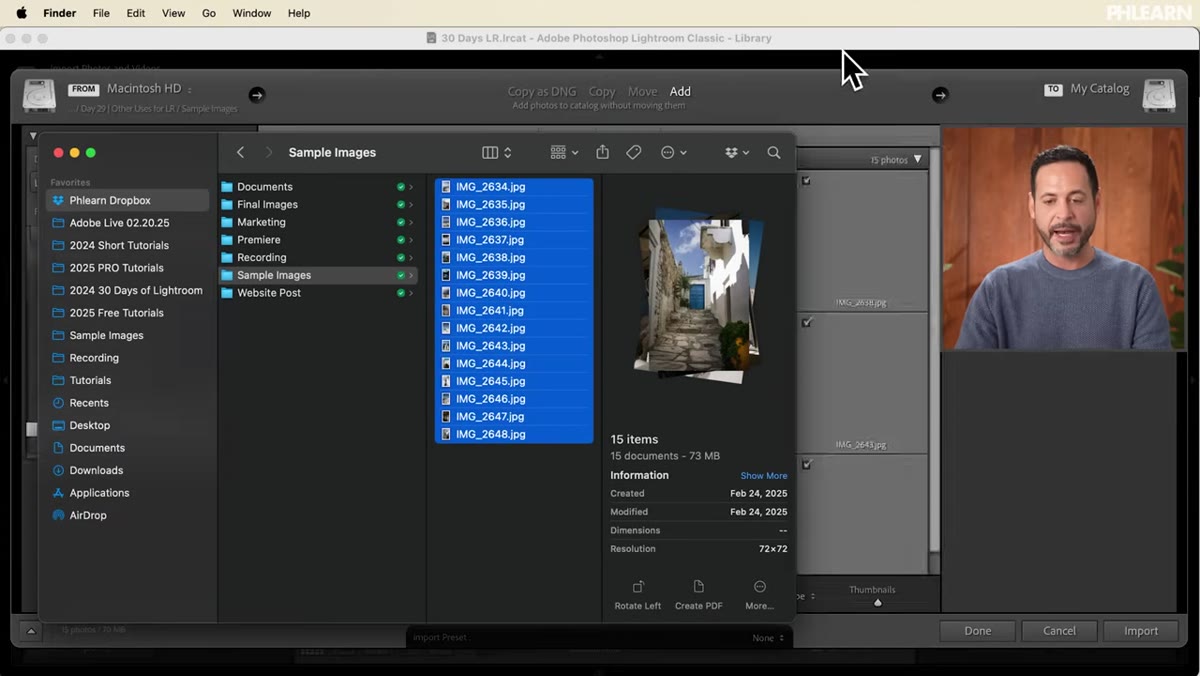 Lightroom import screen with Add option selected