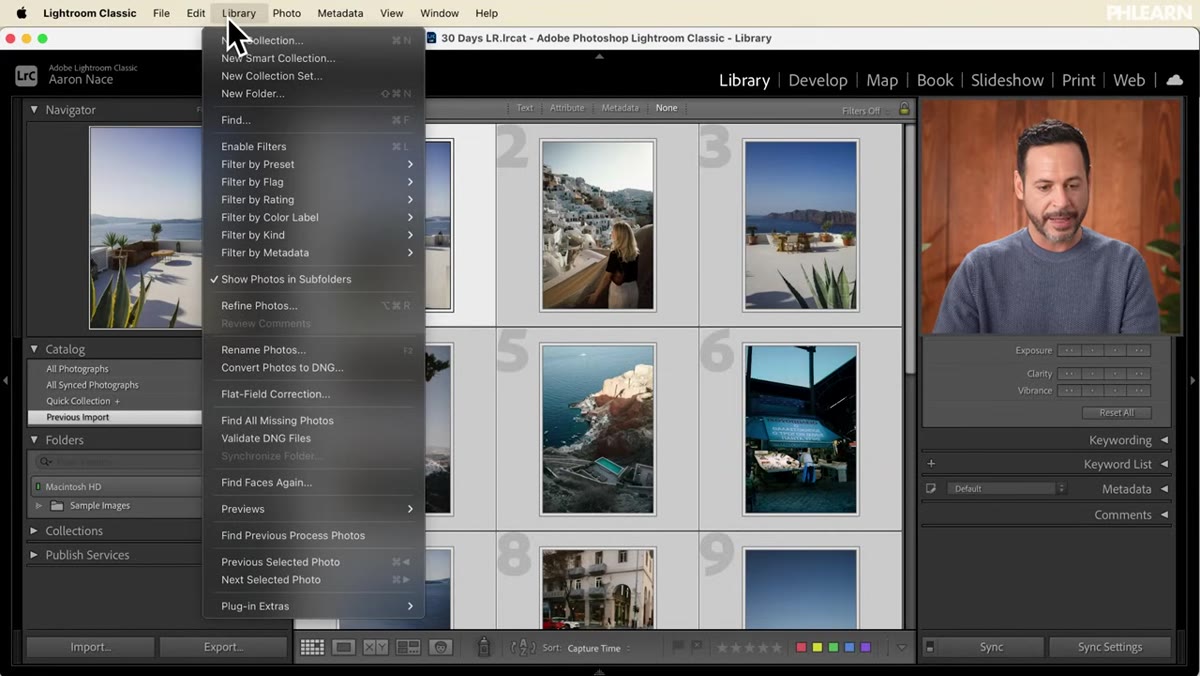 Library menu open showing Rename Photos option