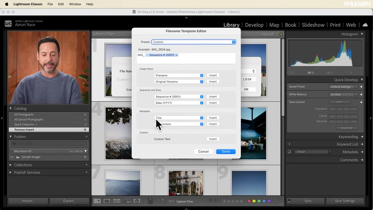 File Name Template Editor open with fields visible