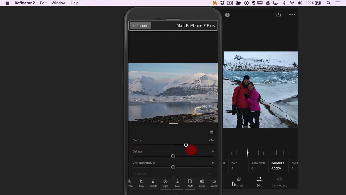 Effects panel open showing clarity, dehaze, and vignette sliders