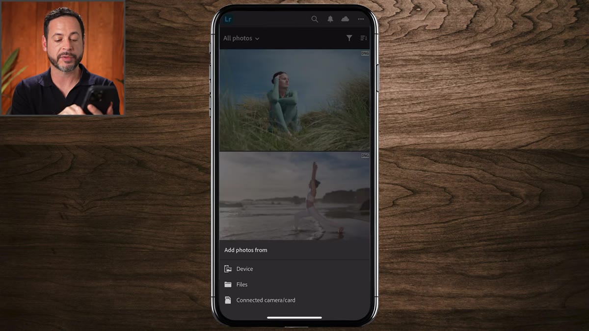 Plus icon and camera icon in the bottom right of the Lightroom tab