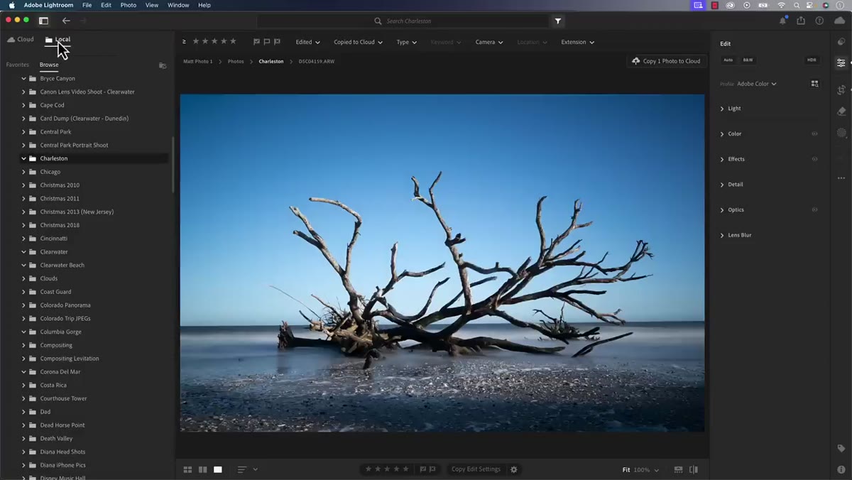 Lightroom local mode folder browsing panel open