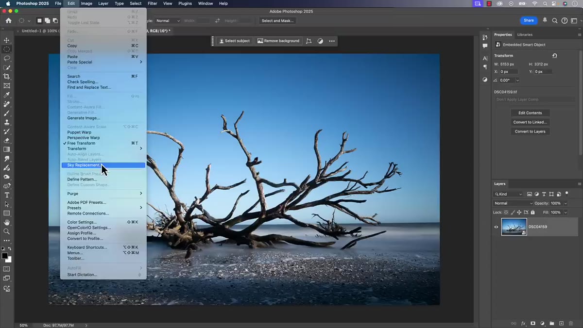 Photoshop layers panel showing sky replacement layers