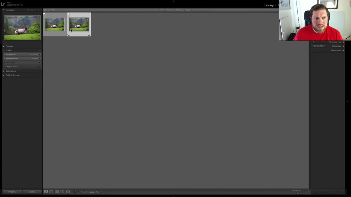 Virtual copy thumbnail selected, being opened in Develop module