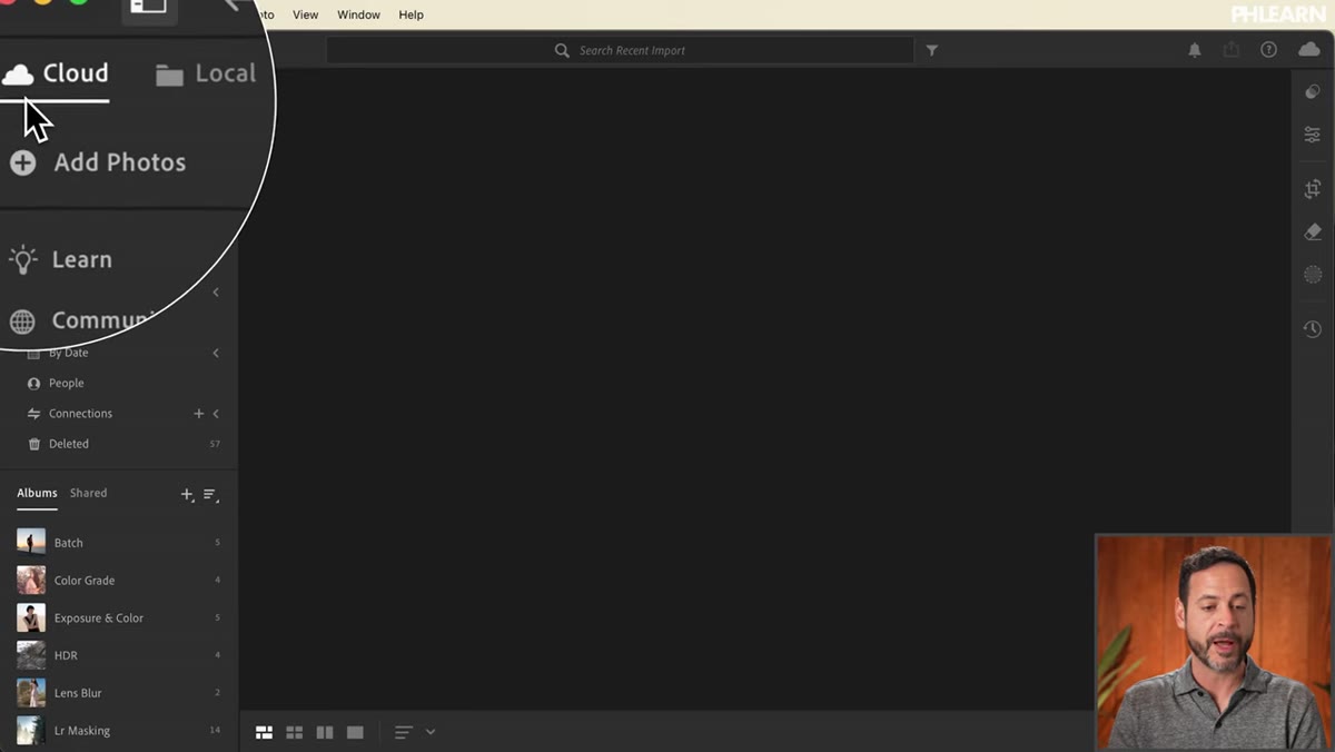 Aaron clicking Add Photos with an empty Lightroom grid view