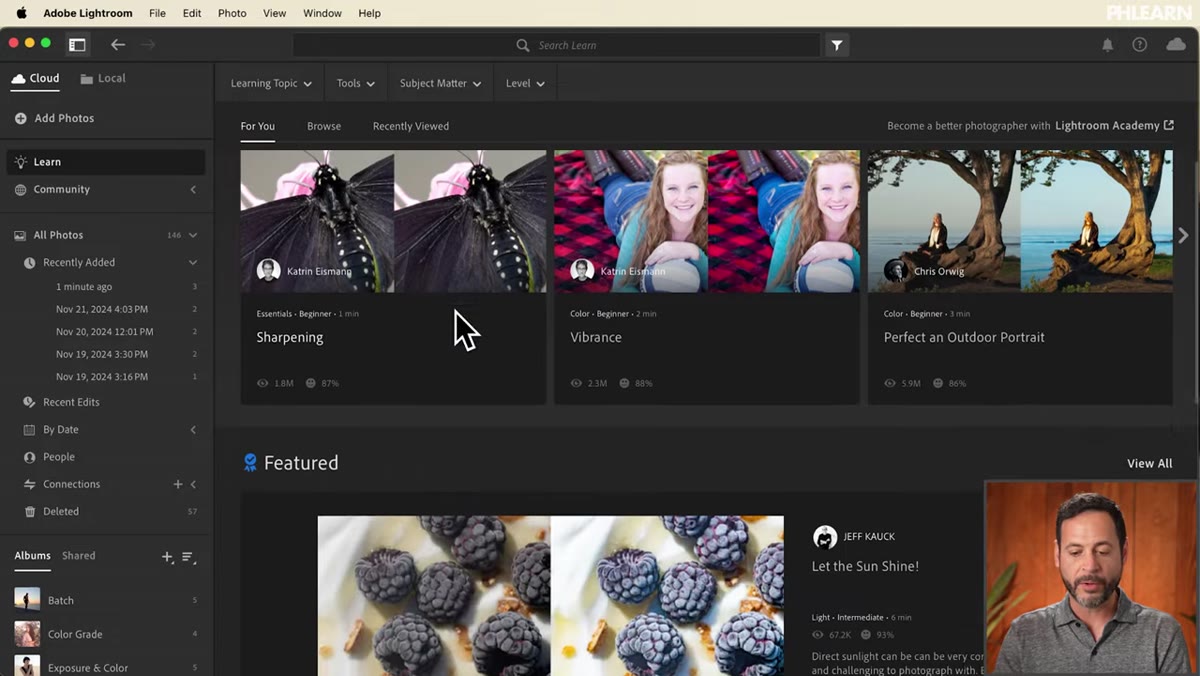 Learn tab open showing built-in tutorial cards inside Lightroom