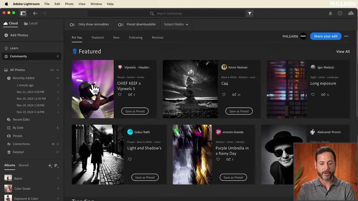 Community tab showing featured public photos and remix option