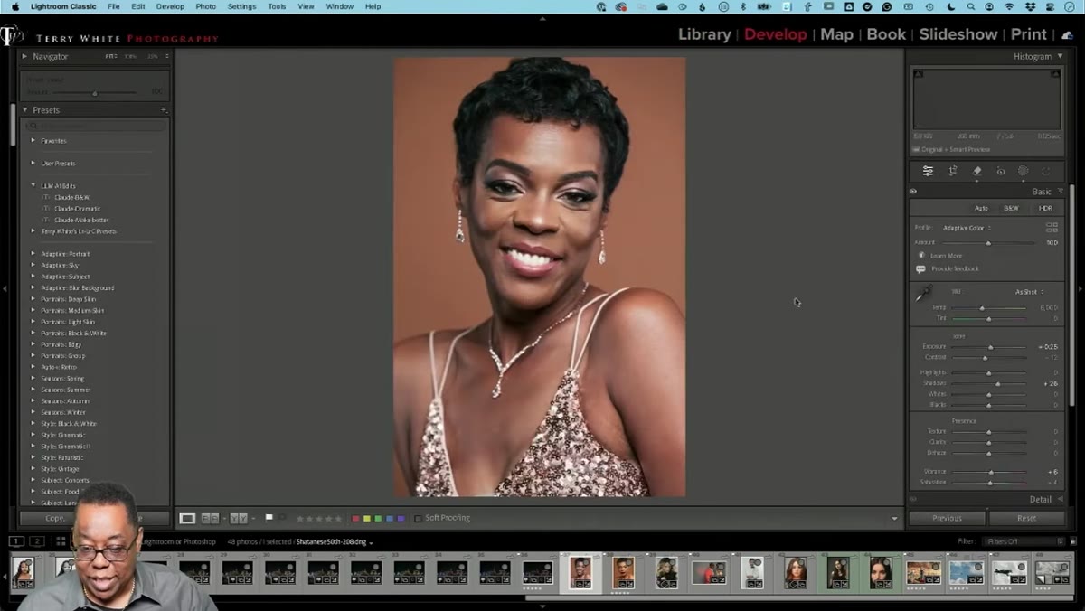 Lightroom develop panel with global adjustments applied to portrait