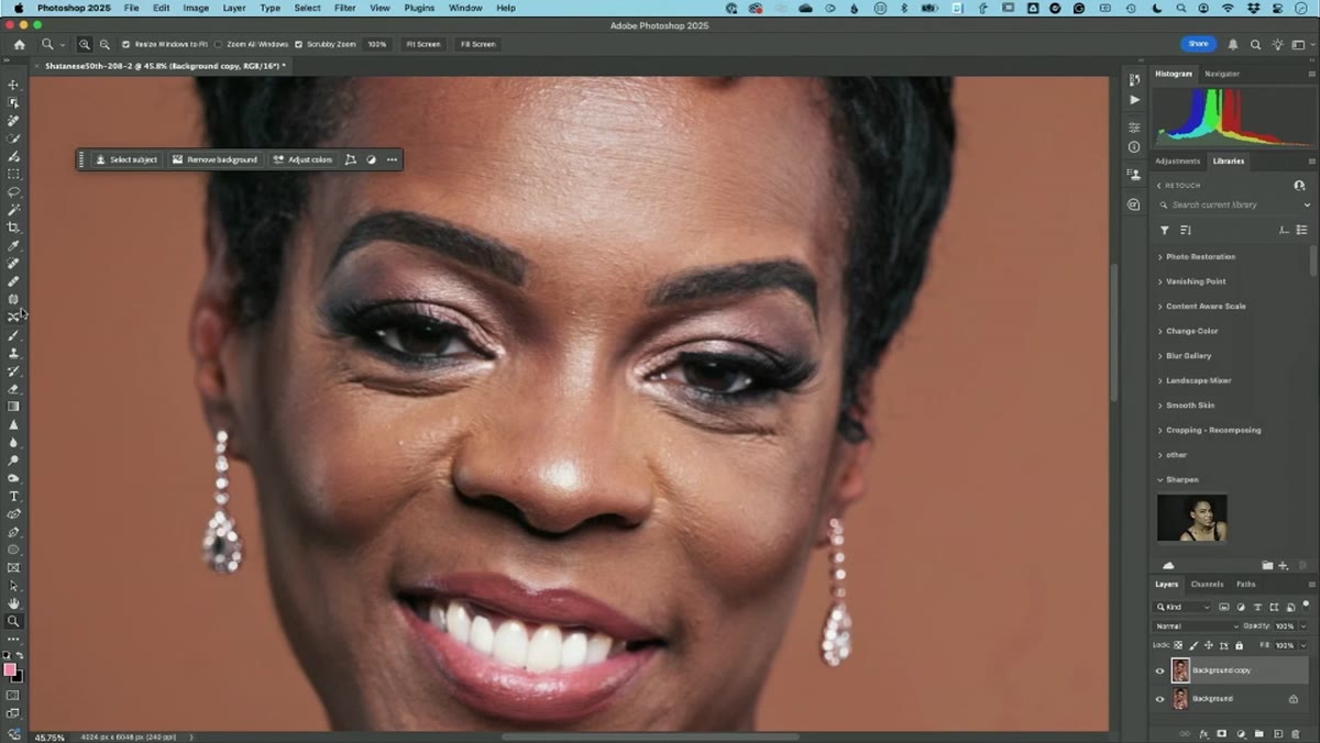 Patch tool selected, drawing selection around under-eye lines on portrait