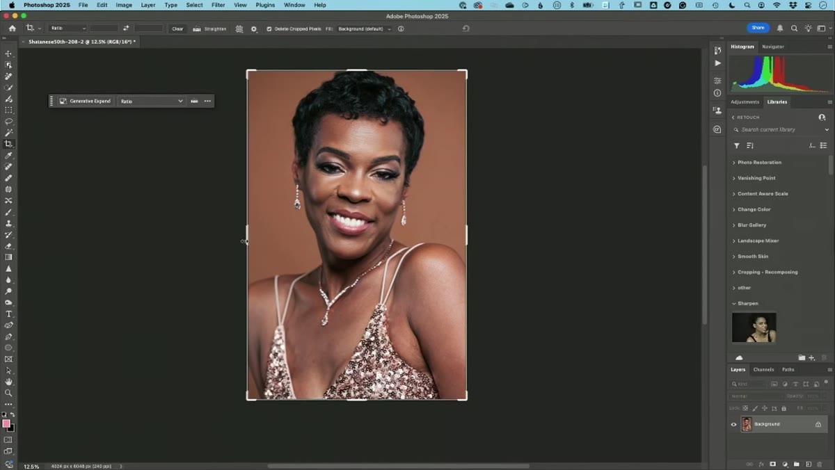 Crop tool extended beyond image border, Generative Expand option selected