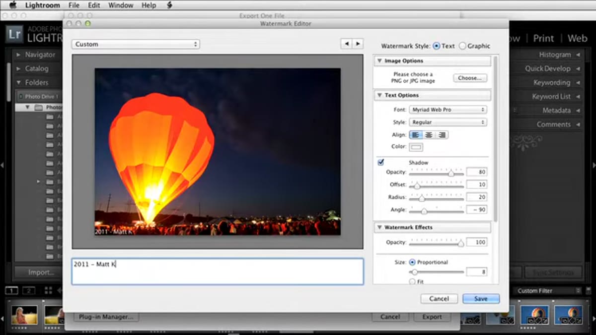 Watermark text field showing &ldquo;2011 Matt Kloskowski&rdquo; with font settings