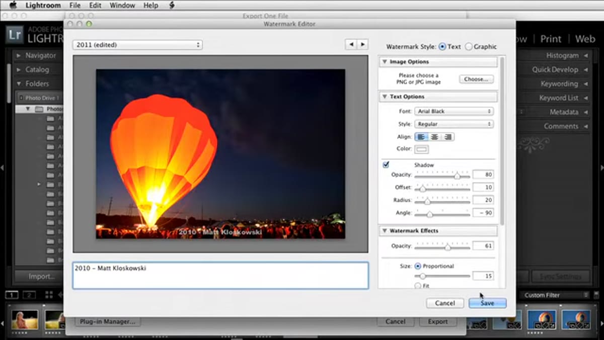 Preset dropdown showing multiple year-named watermark presets