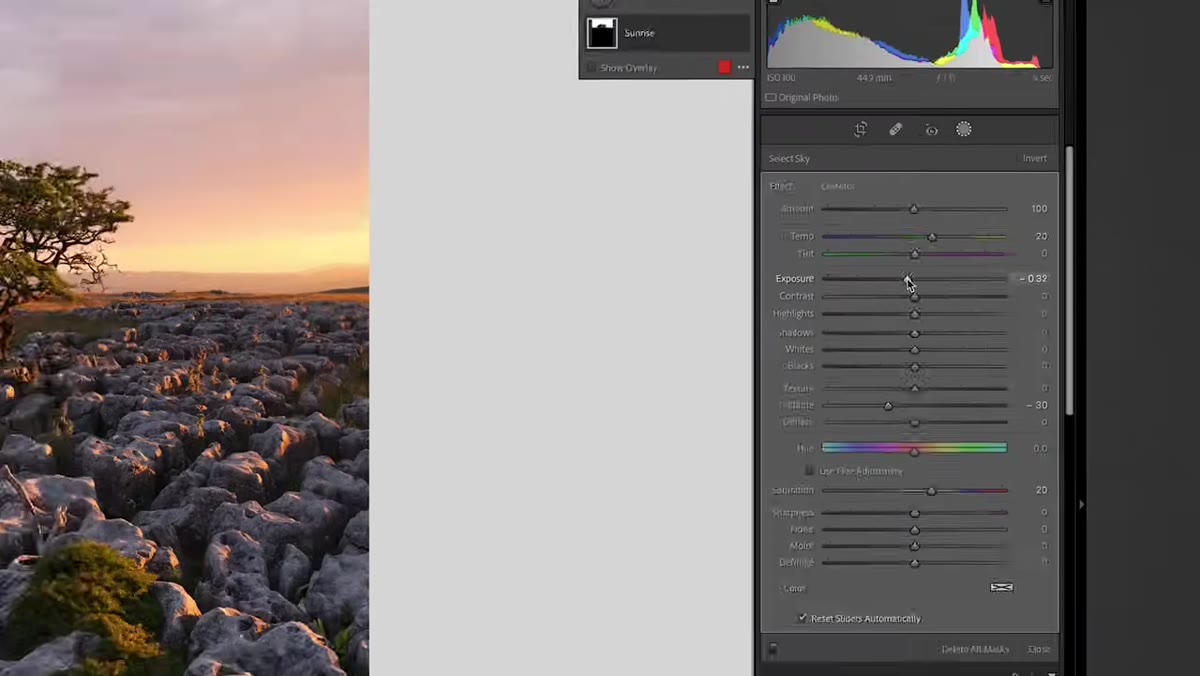 Slider adjustments visible inside an active mask in Lightroom