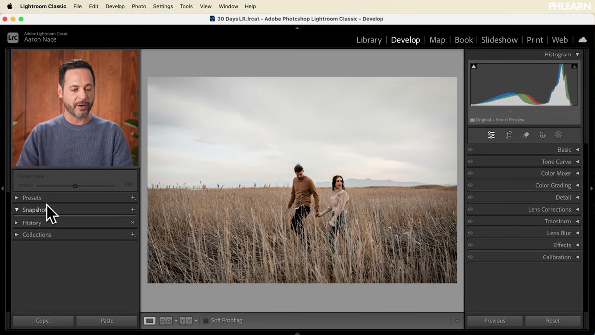 Develop module open with presets panel visible on left