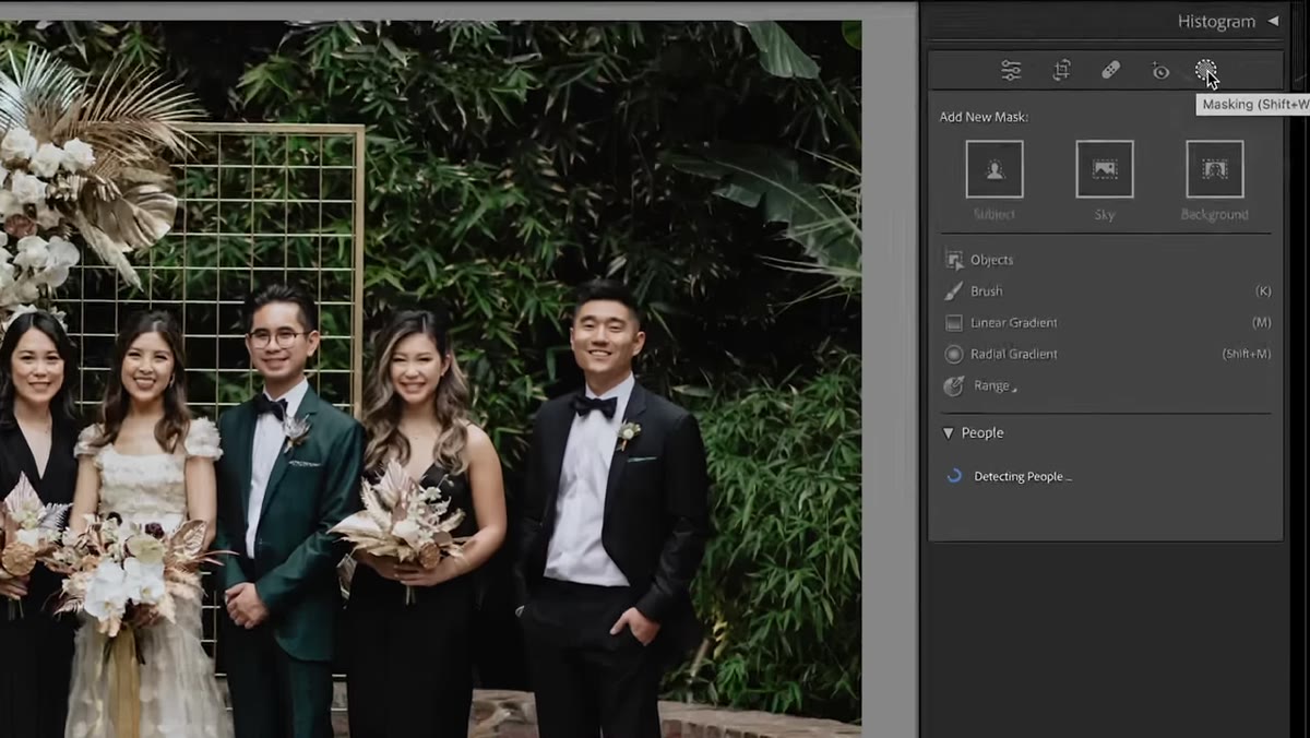 Masking panel open on a group photo with multiple subjects