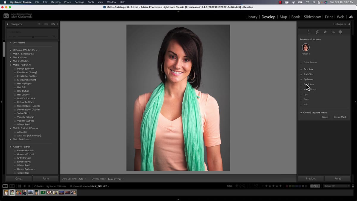 Checkbox list showing hair, teeth, lips, iris, sclera, eyebrows, skin options