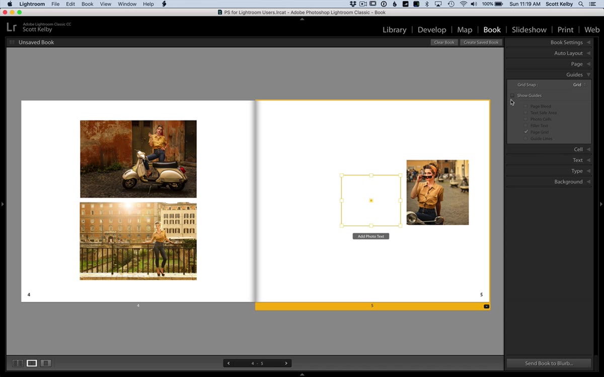 Guides panel open with Page Grid and Grid Snap options visible