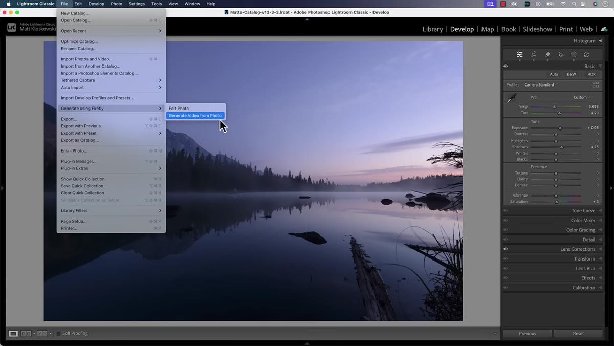 File menu showing Generate Video from Photo option