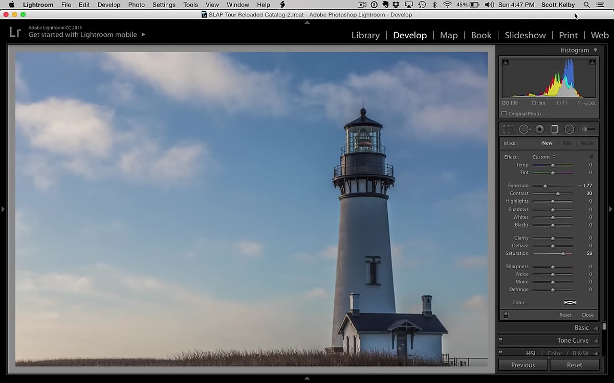 Lighthouse photo loaded in Lightroom Develop module