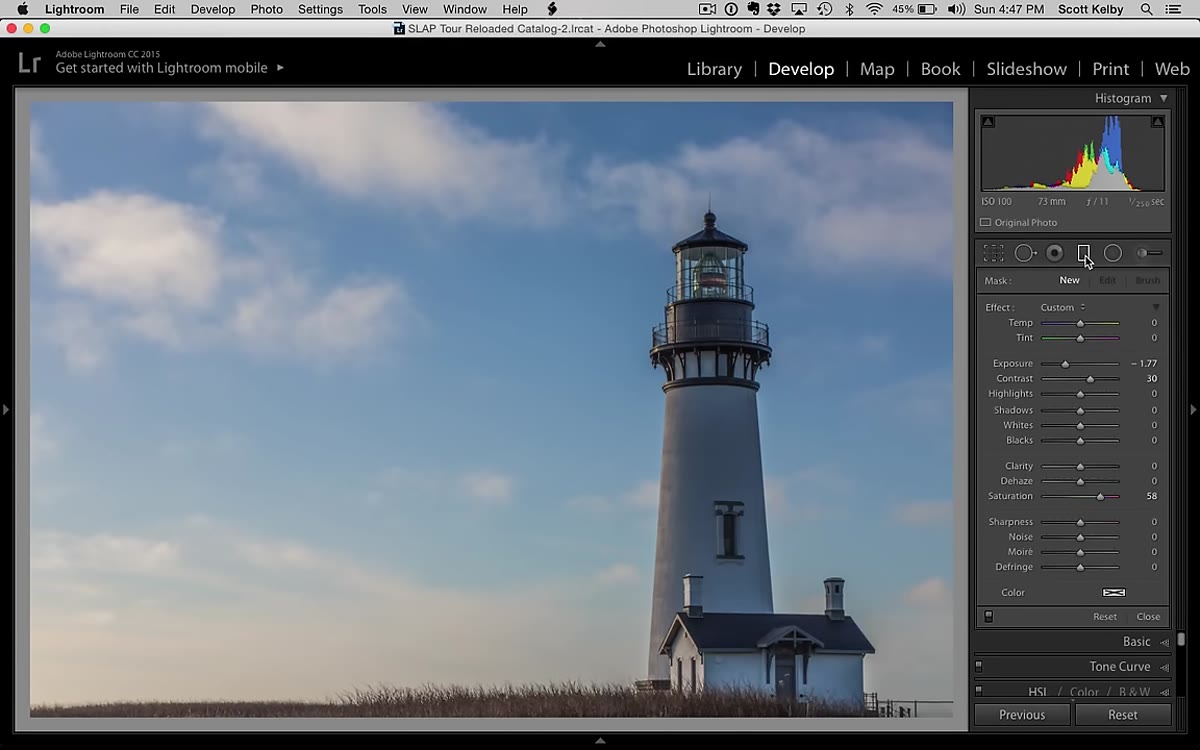 Graduated Filter icon selected in the toolbar below the histogram