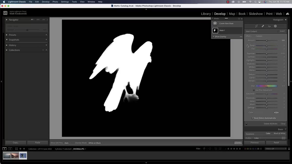 Select Subject mask applied, red overlay showing selected area