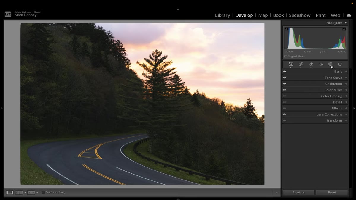 Sky mask applied to a winding road sunrise photograph
