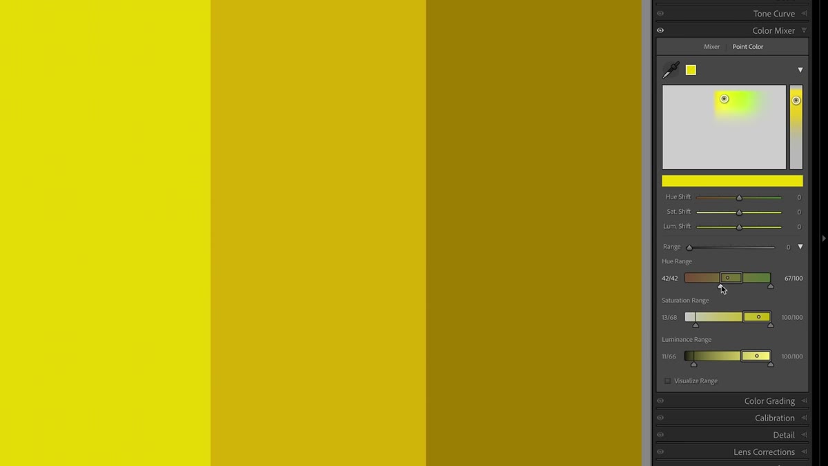 Boundary handles being dragged inward toward the sampled color dot