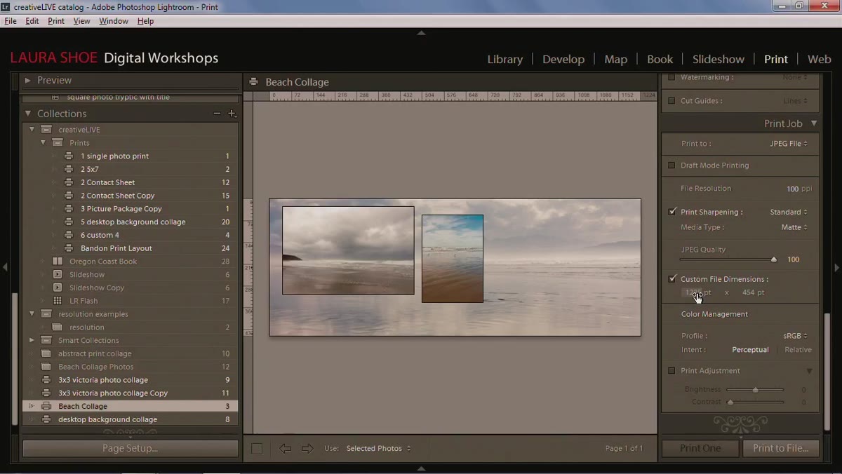 Print Job panel showing custom pixel dimensions entered for Facebook