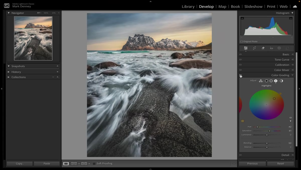 Color grading panel applied globally, tinting water and sky equally