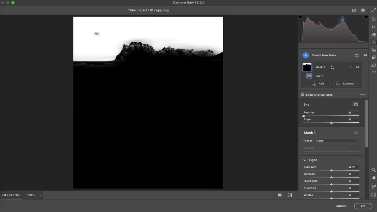 Sky selection active in Camera Raw masking panel, overlay visible