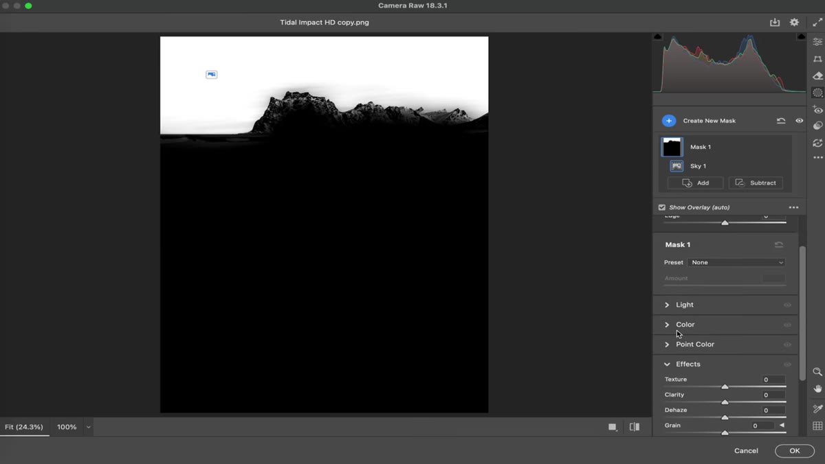 Color grading panel visible within mask adjustment panel in Camera Raw
