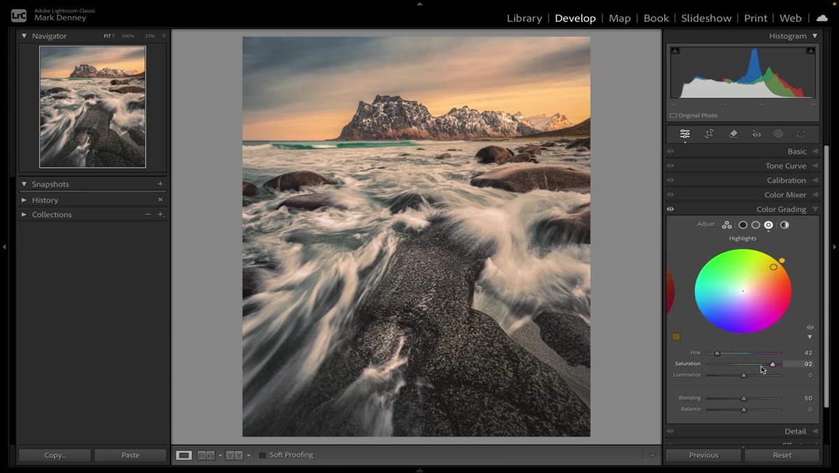 Color grading wheel being adjusted with warm tone applied to highlights only