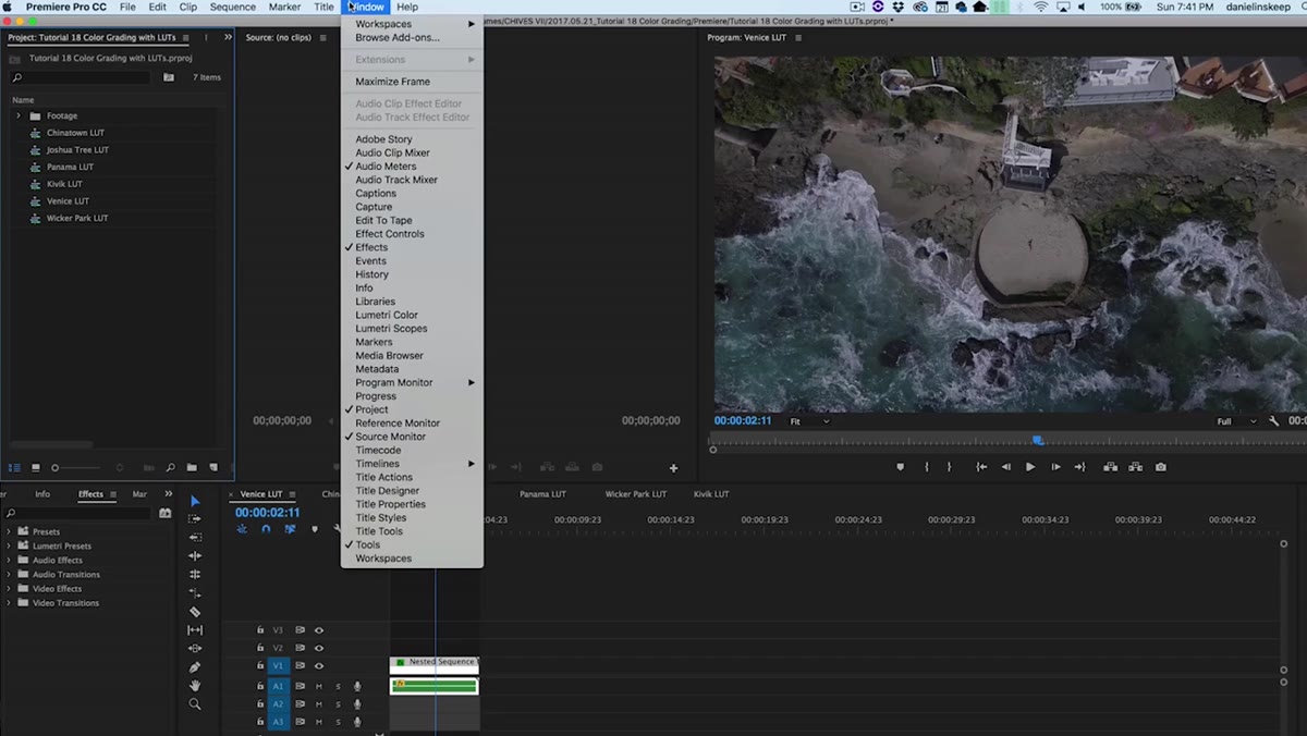 Lumetri Color panel opening in Premiere Pro timeline