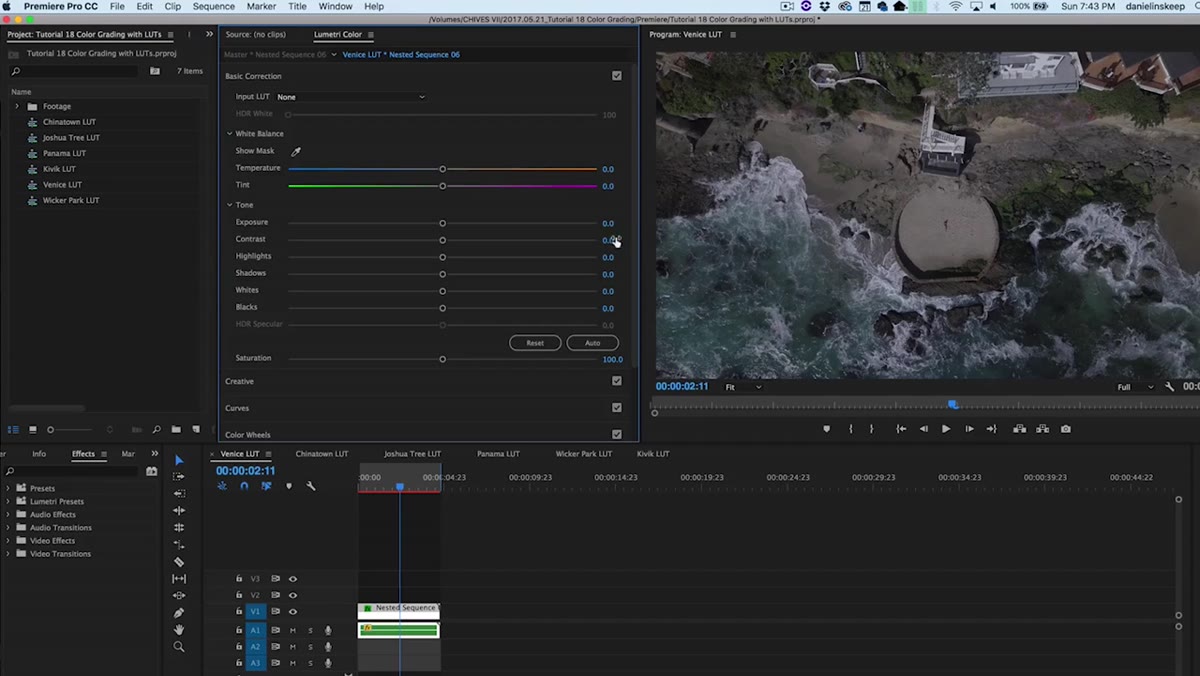 Contrast slider being raised in Lumetri Basic panel