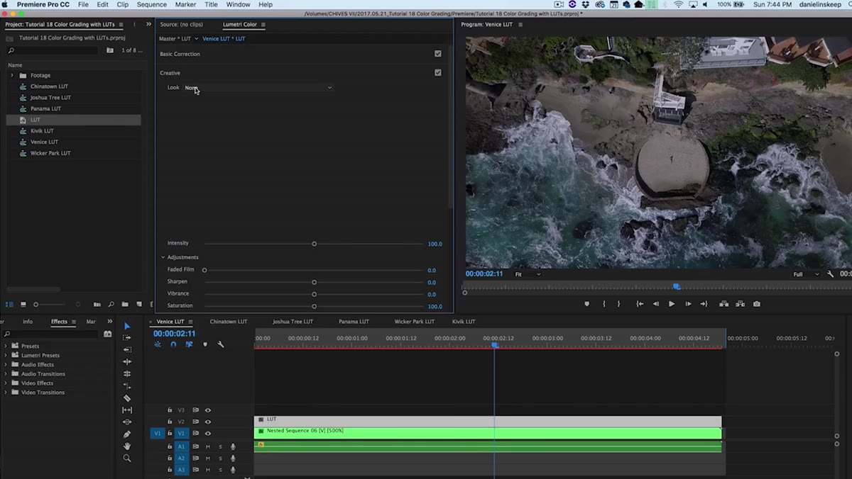 Creative tab in Lumetri with LUT dropdown menu visible