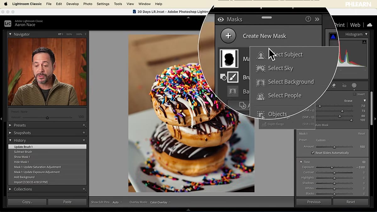 New mask created with Select Subject highlighting the donut